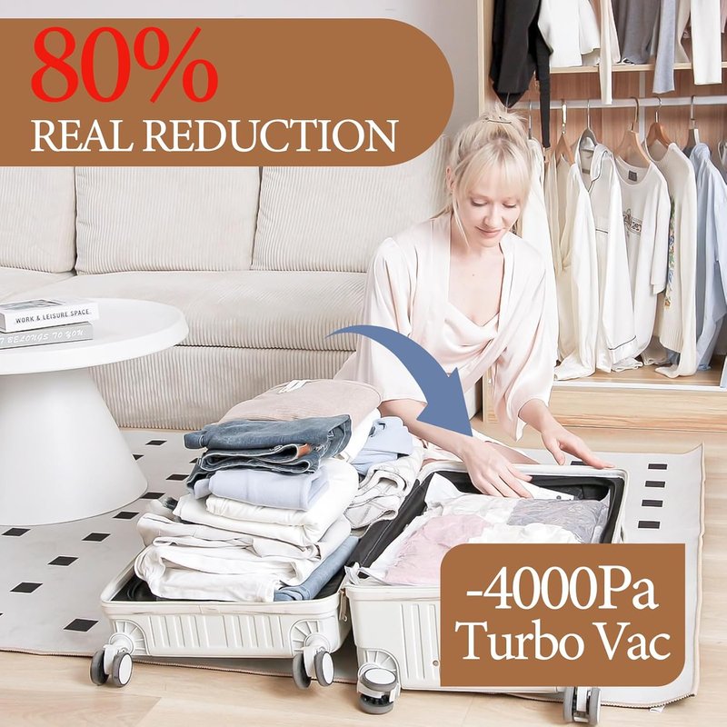 Vacbird Travel Vacuum Storage Bags - 12 Pack with Rechargeable Cordless Pump | Compression Packing for Clothes, Blankets & Pillows