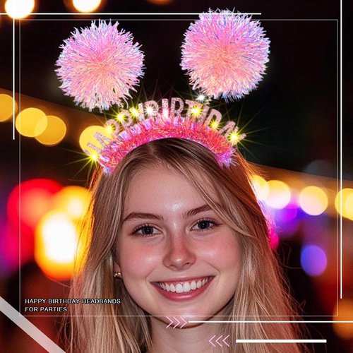 Aceorna Light Up Pink Headbands LED Happy Birthday Crown Hairbands Glowing Pom Pom Hair Accessories for Women