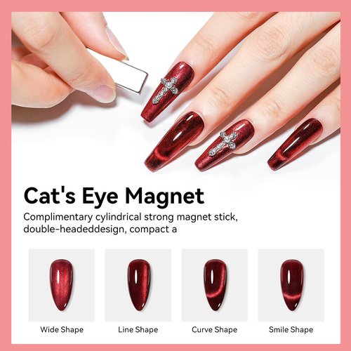 Bevimee Red Cat Eye Nail Polish, Magnetic Nail Polish Non Gel Fast Dry Air Dry Nails Lacquer Long Lasting Salon-Quality Manicure Gift for Women Girls DIY Home 12ML