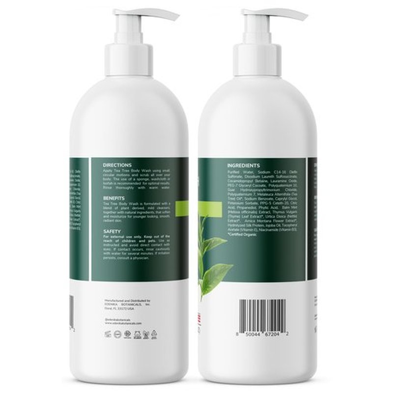 EDENIKA BOTANICALS Tea Tree Oil Body Wash, Cleanses & Relieves Itchy Skin, Soothes Jock Itch, Acne & Ringworm, Shower Gel for Dry and Sensitive Skin, Women & Men, Organic & Natural, 16 fl oz, 2-Pack