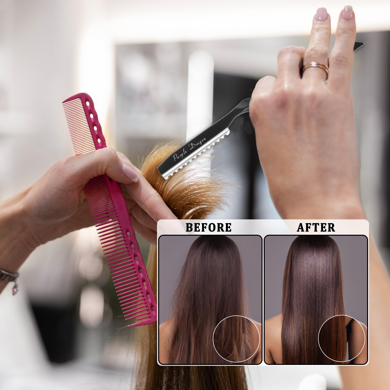 Hair Razors for Cutting, 6.89" Stainless Steel Hair Thinning Razor Kit with 10Pcs Replacement Blades, Professional Styling Texturizing Cutting Razor Tool for Salon and Home(Black)