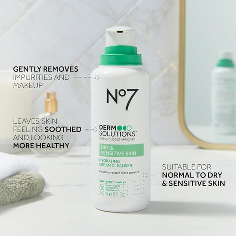 No7 Derm Solutions Hydrating Facial Cleanser - Gentle Cream Face Wash with Ceramides & Niacinamide - 16 Fl Oz for Dry & Sensitive Skin