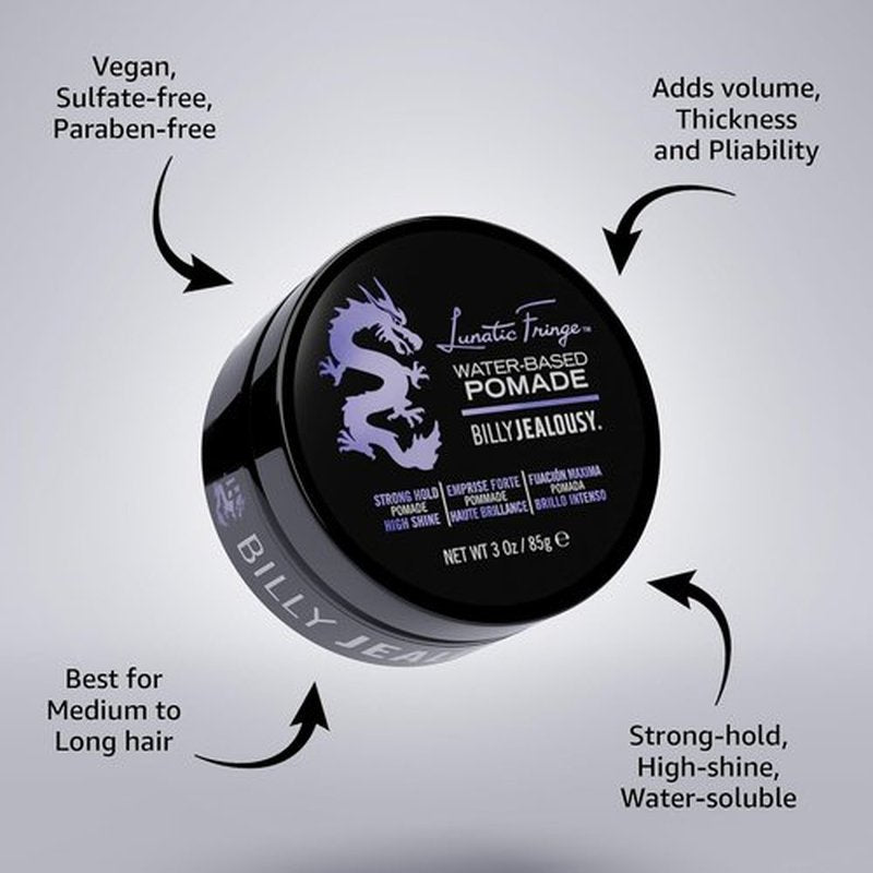 Billy Jealousy Lunatic Fringe Pomade - Strong Hold, High Shine, Vegan Hair Product for Medium to Long Hair, 3 oz