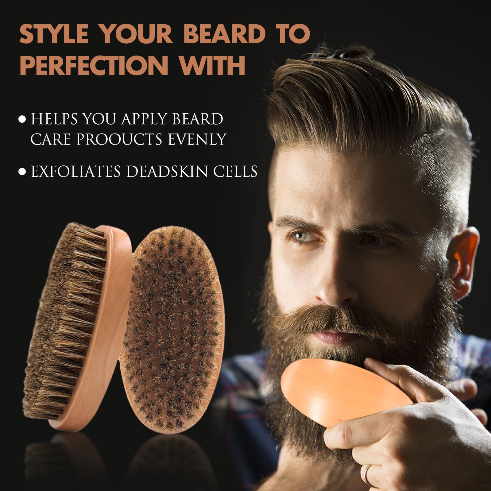 Kootinn Boar Bristle Hair Beard Brush for Men - Small Soft Beard Brush, Pocket Travel Men's Wooden Mustache Brush