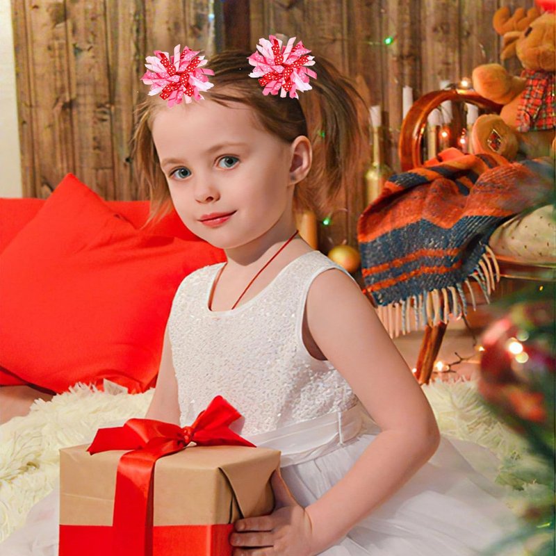 Valentine Hair Bow Clips - Curly Ribbon & Flower Ball Hair Bow Clips Handmade Cheer Alligator Barrette Pins for Kids Girls Grosgrain Ribbon Fireworks Ballflower Accessories (Red/White/Pink)