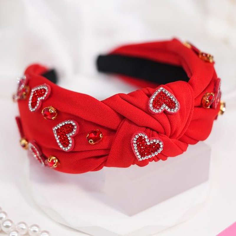 Palotay Red Heart Valentines Headband for Women Rhinestone Beaded Heart Headbands Valentine Day Hair Accessories Jewelry Gifts