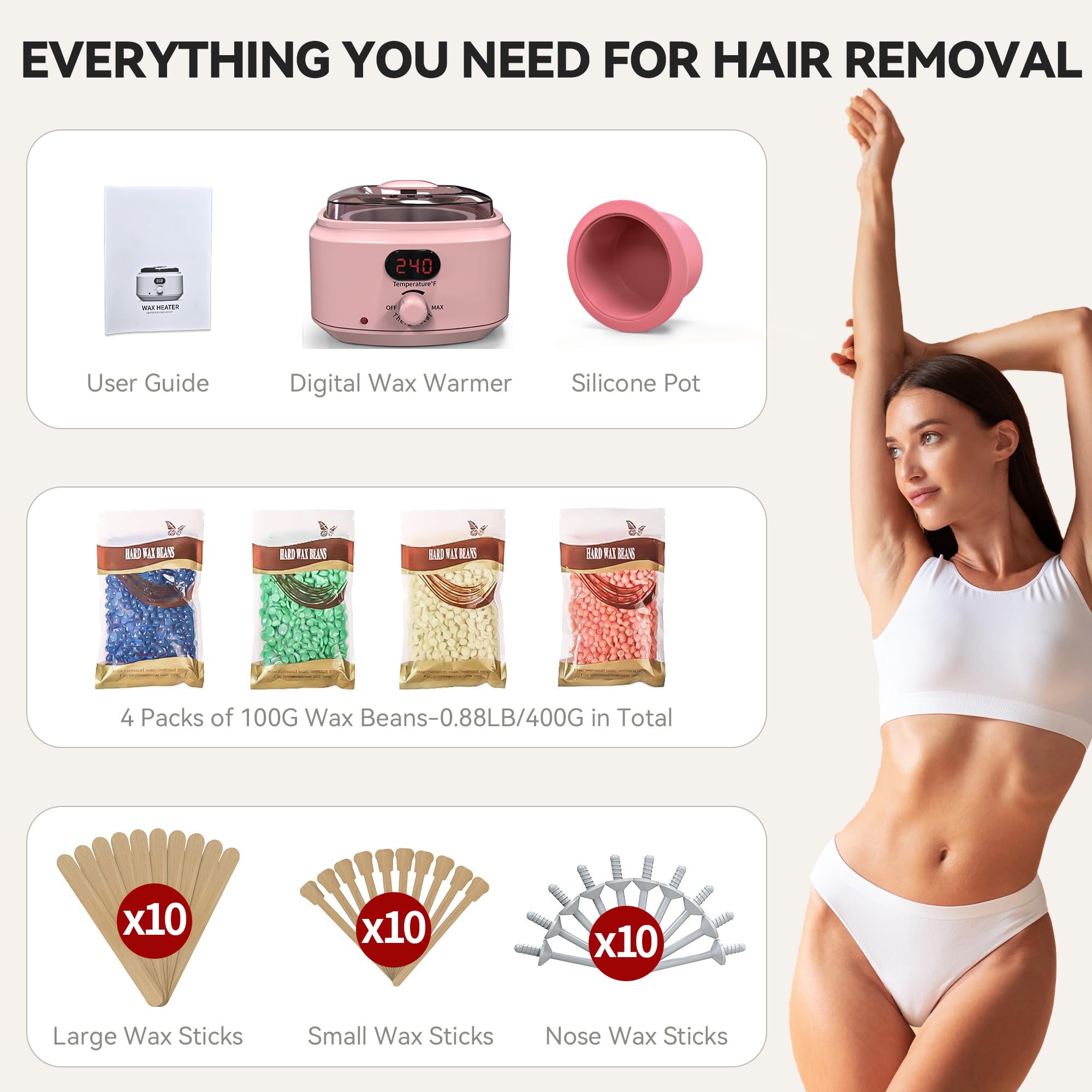 Waxing Kit for Women Men, Digital Wax Kit with Silicone Bowl & 4 Bags Hard Wax Beads, Portable Wax Warmer for Sensitive Skin Full Body Hair Removal, Brazilian Bikini, Eyebrow, Face (White)