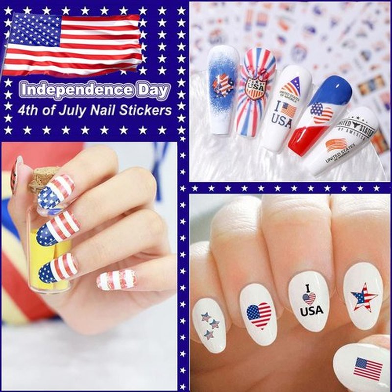 8sheets 4th of July Nail Art Stickers 3D Self-Adhesive American Flag Patriotic Independence Day Nail Decals USA Flags Butterfly Heart Star Nail Design I Love America for Memorial Day DIY Manicure