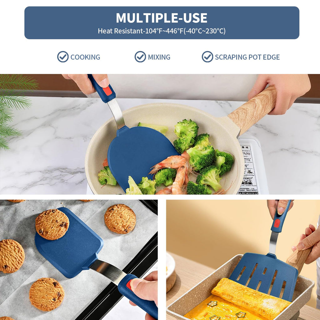 Contiup Silicone Spatula Turner Set of 3, Heat Resistant Large Wide Spatula for Pancake, Silicone Fish Spatulas Flipper for Cooking & Non-stick Cookware, BPA Free Rubber Cooking Untensil Set