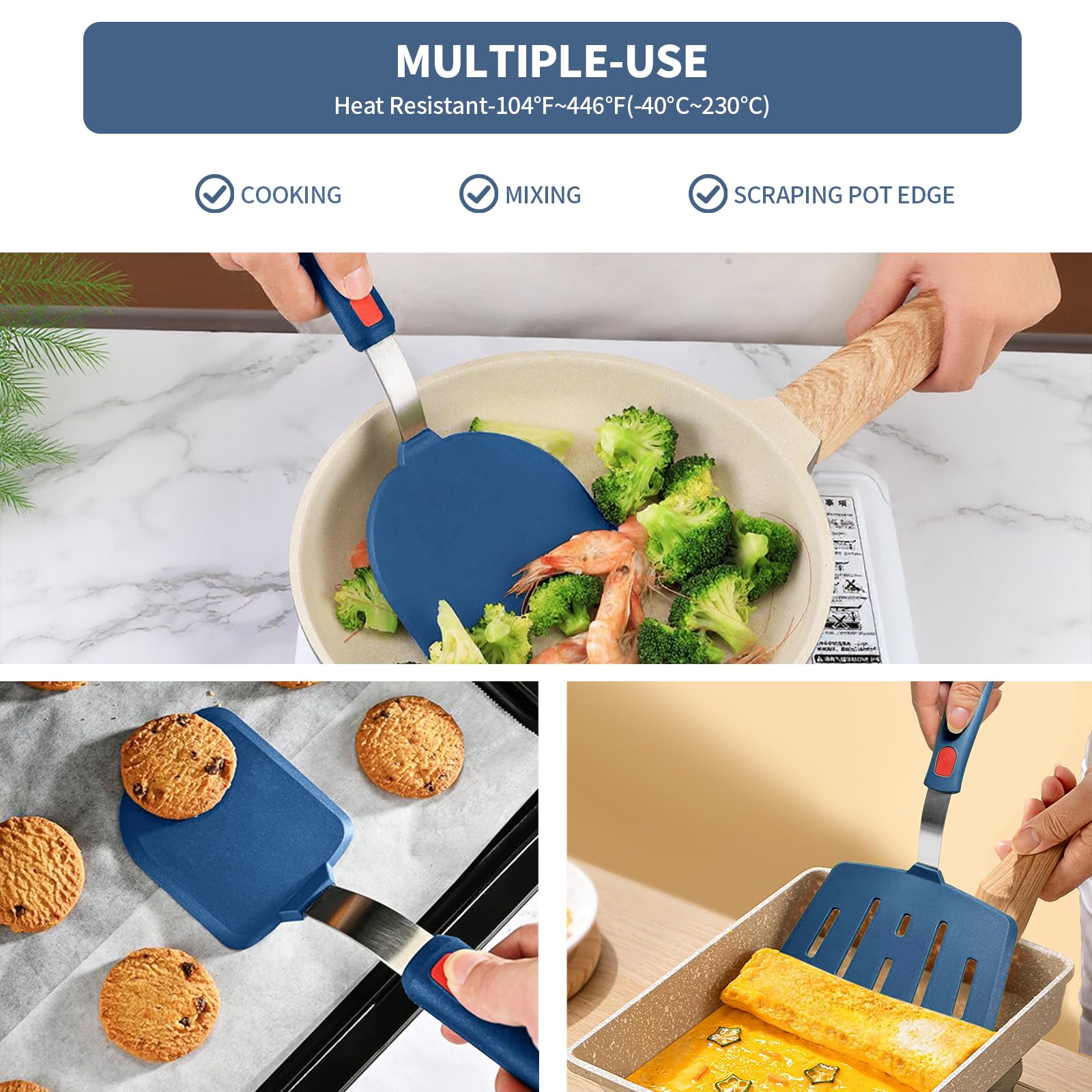 Contiup Silicone Spatula Turner Set of 3, Heat Resistant Large Wide Spatula for Pancake, Silicone Fish Spatulas Flipper for Cooking & Non-stick Cookware, BPA Free Rubber Cooking Untensil Set