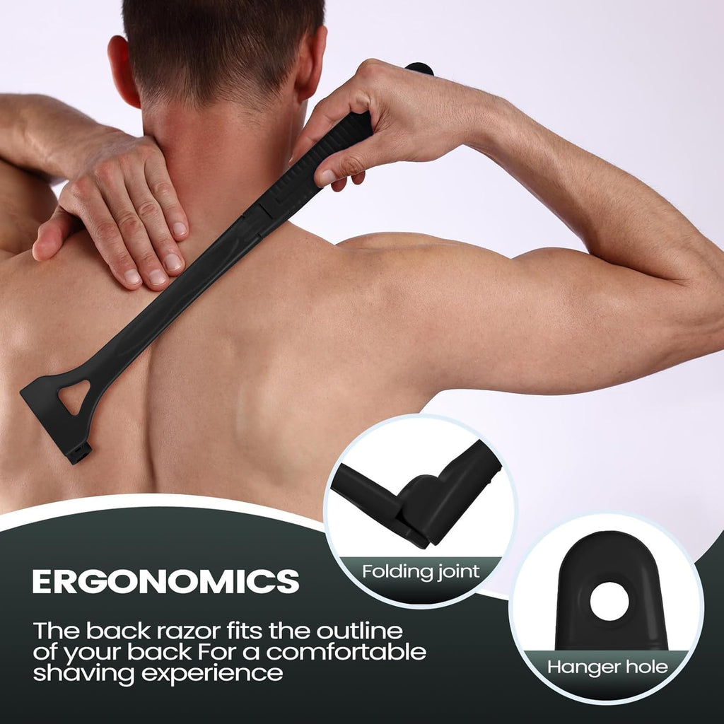 ETbyto Back Shavers for Men with Foldable Long Ergonomic Handle: DIY Hair Shaver, Replaceable Safety Blade & Portable Razor Groomer for Men, Wet & Dry Shaving(8PCS Blades Included)