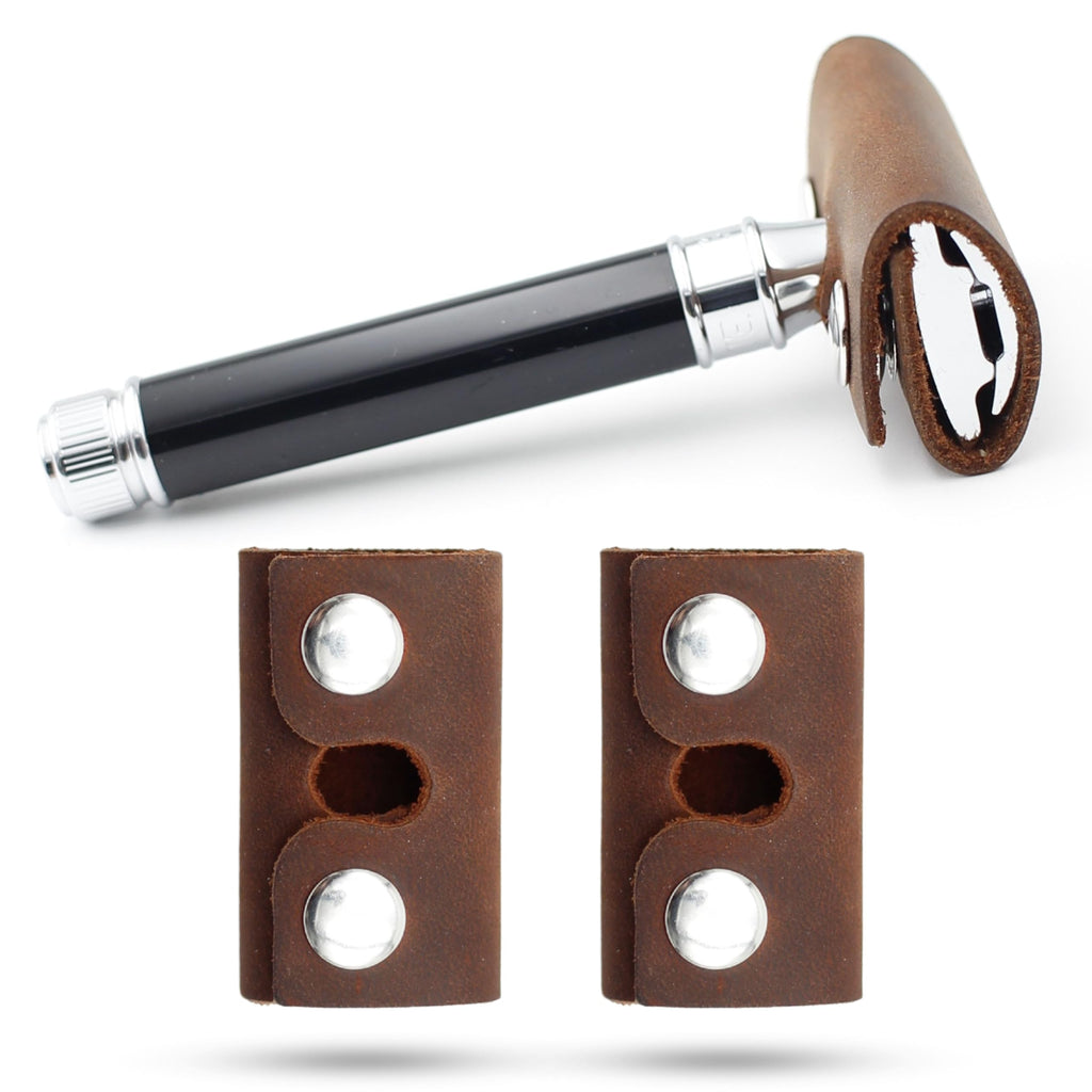 Toprank Leather Safety Razor Case – Genuine Leather Razor Cover for Travel, Fits Most Double Edge Safety Razors, Blade Protector, Snap Closure (Tan, 2-Pack)