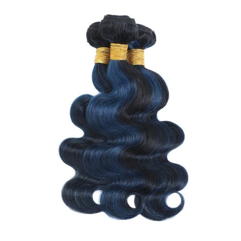 ALHER Black Mix Blue Highlight Bundle Human Hair Body Wave, 12A Soft Thick 3 Bundles Wavy Human Hair, 100% Remy Hair Midnight Blue Highlight Two Tone Subtle Colored Double Weft (#1B/Blue, 14 16 18 IN)