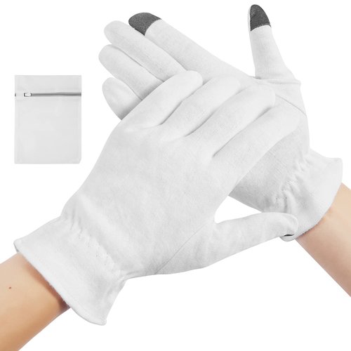100% Cotton Moisturizing Gloves 4 Pairs, Touch Screen Friendly Cotton Gloves with Wristband and Washing Bag for Overnight Bedtime Eczema Dry Sensitive Irritated Skin Spa Therapy, Medium
