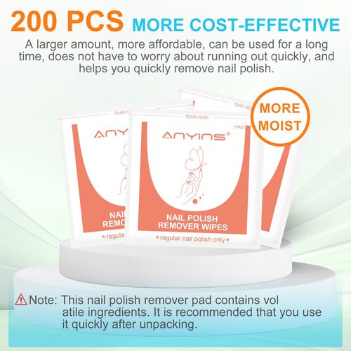ANYINS Nail PolishRemover Wipes, Fast Remove 200Pcs Nail Polish Remover Pads with Nutrition Oil Individually Wrapped Professional Nail Salon and Home Use