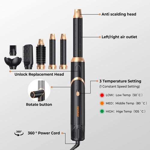 6 in 1 Hair Dryer Brush, Foldable Blow Dryer Brush with Air Styler Curler Wrap, Detachable Hot Air Brush Dry,Volumize, Straight,Curl, Negative Ion Brush Blow Dryer with Diffuser, Hair Styler Tools