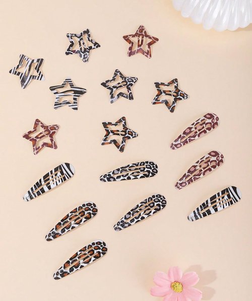 Metal Snap Hair Clips,8 Pairs Hair Barrettes for Women - Star & Water Drop Hair Barrettes, Non-Slip Y2K Accessories for Thin Thick Hair,Leopard and Zebra Print