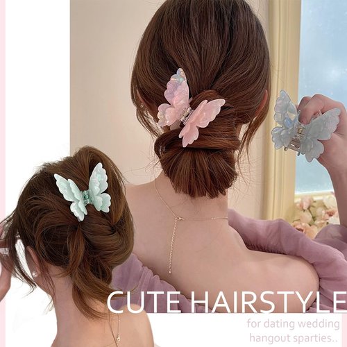 PandaPetals Butterfly Hair Clips 2.6 inch Medium Cute Hair Claw Clips for Women Girls Styling - 3 Pack (Blue + Yellow + Pink)