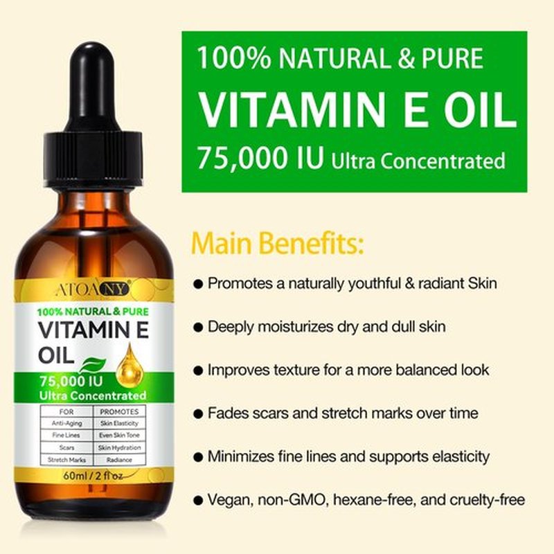 flasture Vitamin E Oil 75,000 IU – 100% Pure Natural Vitamin E for Skin, Face, Hair, Scars – Deep Moisturizing Body Oil for Dry Skin, Wrinkles – Cold-Pressed, Non-GMO,Skincare – 2 Fl Oz