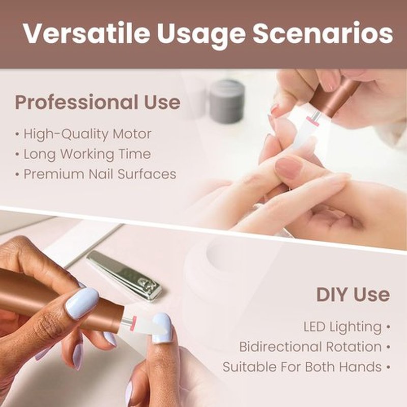 KIARYUOLL Cordless Electric Nail Drill Kit, Portable Rechargeable Nail Drill Set, Battery Electric Nail File, 5 Speeds Modes, LED Lighting, Reversible Direction, DIY, Professional (Gold)