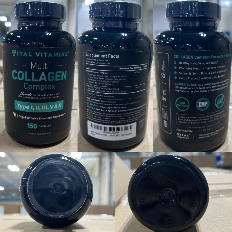 Vital Vitamins Multi Collagen Capsules - Type I, II, III, V, X - Grass Fed & Non-GMO - 150 Count