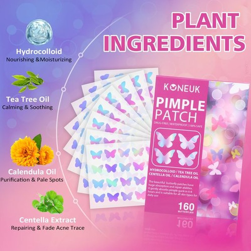 Acne Pimple Patches for Face (160 Counts), Hydrocolloid Acne Patches with Tea Tree Oil and Calendula Extract, Cute Colorful Butterfly Shape Spot Stickers for Skin Care, Zit Patches