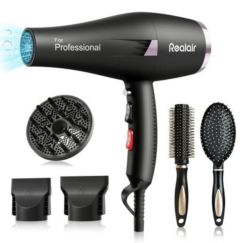 Realair Salon Hair Dryer, Professional Blow Dryer AC Motor Fast Drying with 2 Speed, 3 Heat Setting, Cool Button, with Diffuser, Nozzle, Concentrator Comb for Curly & Straight Hair