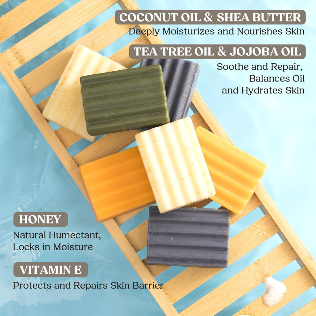 CADDISE Natural Soap Bar – Handmade Soap with Foaming Pouch, Face & Body Wash, Moisturizing & Cleansing with Tea Tree & Coconut Oil, Shea Butter, Jojoba & Honey, Gift for Men & Women, 4 Pack 16.8 Oz