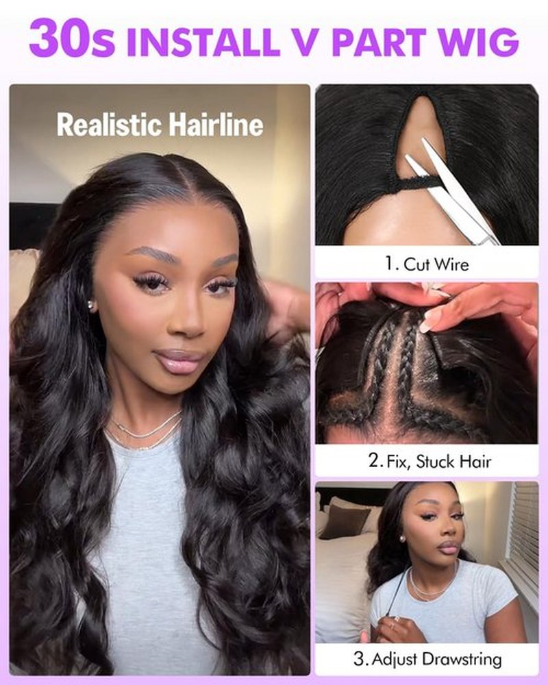 Lysilf V Part Wigs Human Hair 250% Density Body Wave Upgrade U Part Human Hair Wigs with Drawstring No Leave Out No Sew Glueless Clip In Half Wig for Women (Natural Black, 16 Inch)