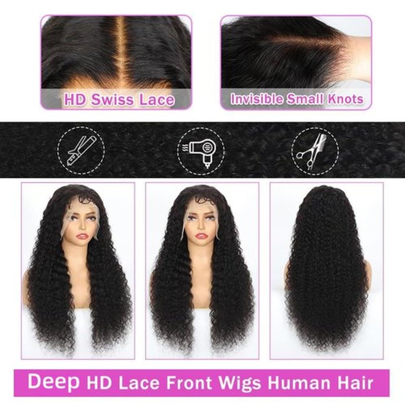 Megeen Deep Wave Lace Front Wigs Human Hair Pre Plucked 200 Density 12A Deep Curly Glueless HD Wet and Wavy Lace Frontal Wigs with Baby Hair for Women Natural Color 24 inch Deep Wave Wig