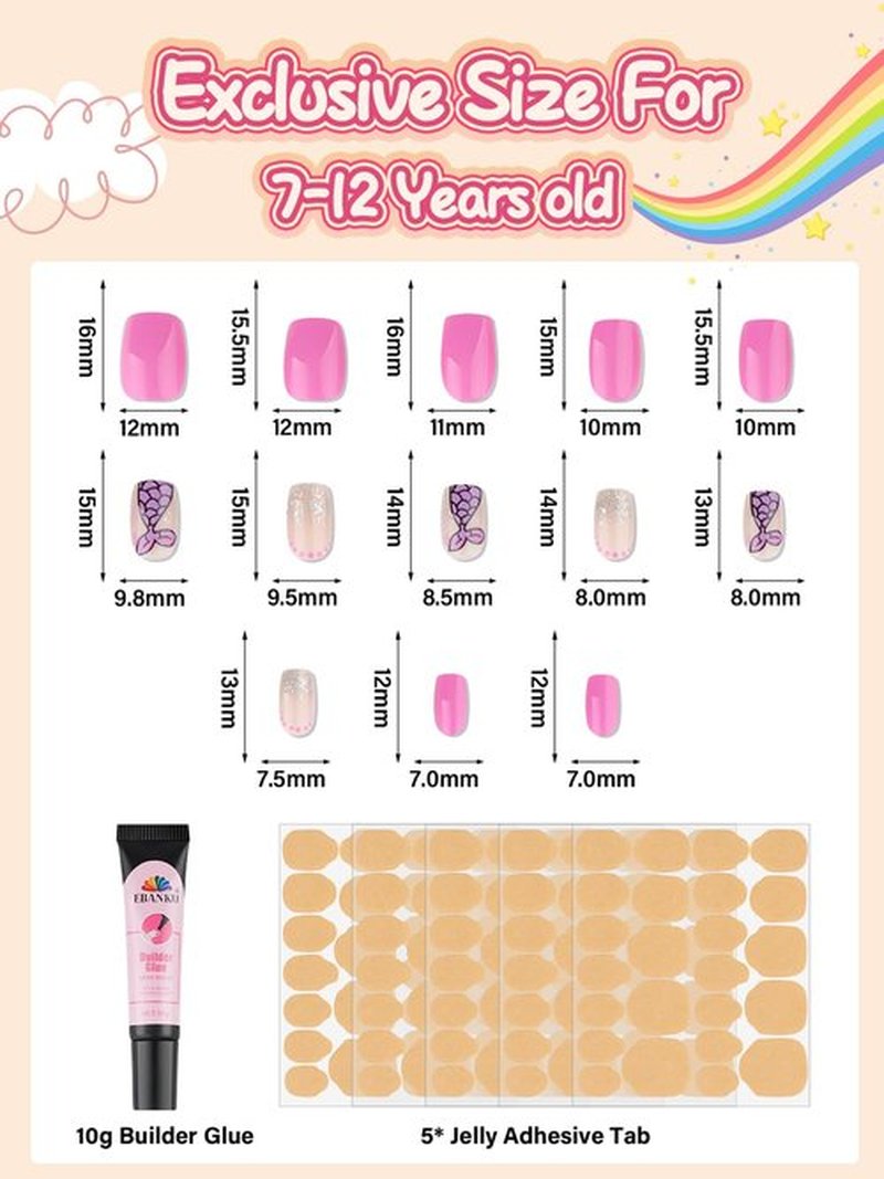 EBANKU 130 Pcs Press on Nails for Girls, Short Old Cute Mermaid Heart Fake Nails for Kids 8-12 Years Stick On False Nails Kit with Jelly Nail Adhesives & Builder Glue, Full Cover Nails Tip for Child