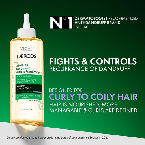 Dercos Salicylic Acid Anti Dandruff Shampoo, 200 ml, Water to Foam Dandruff Shampoo and Itchy Scalp Treatment, Provides Definition & Frizz Control for Curly Hair Types, Sulfate Free