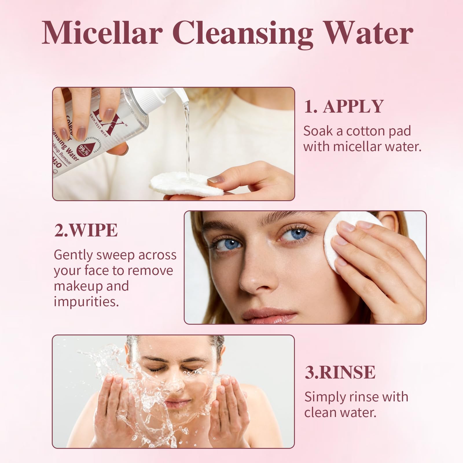 H2O Micellar Water - Makeup Remover Liquid For Eye, Lip & Face Makeup, Hydrating Facial Cleanser Non-Greasy Suitable for All Skin Types