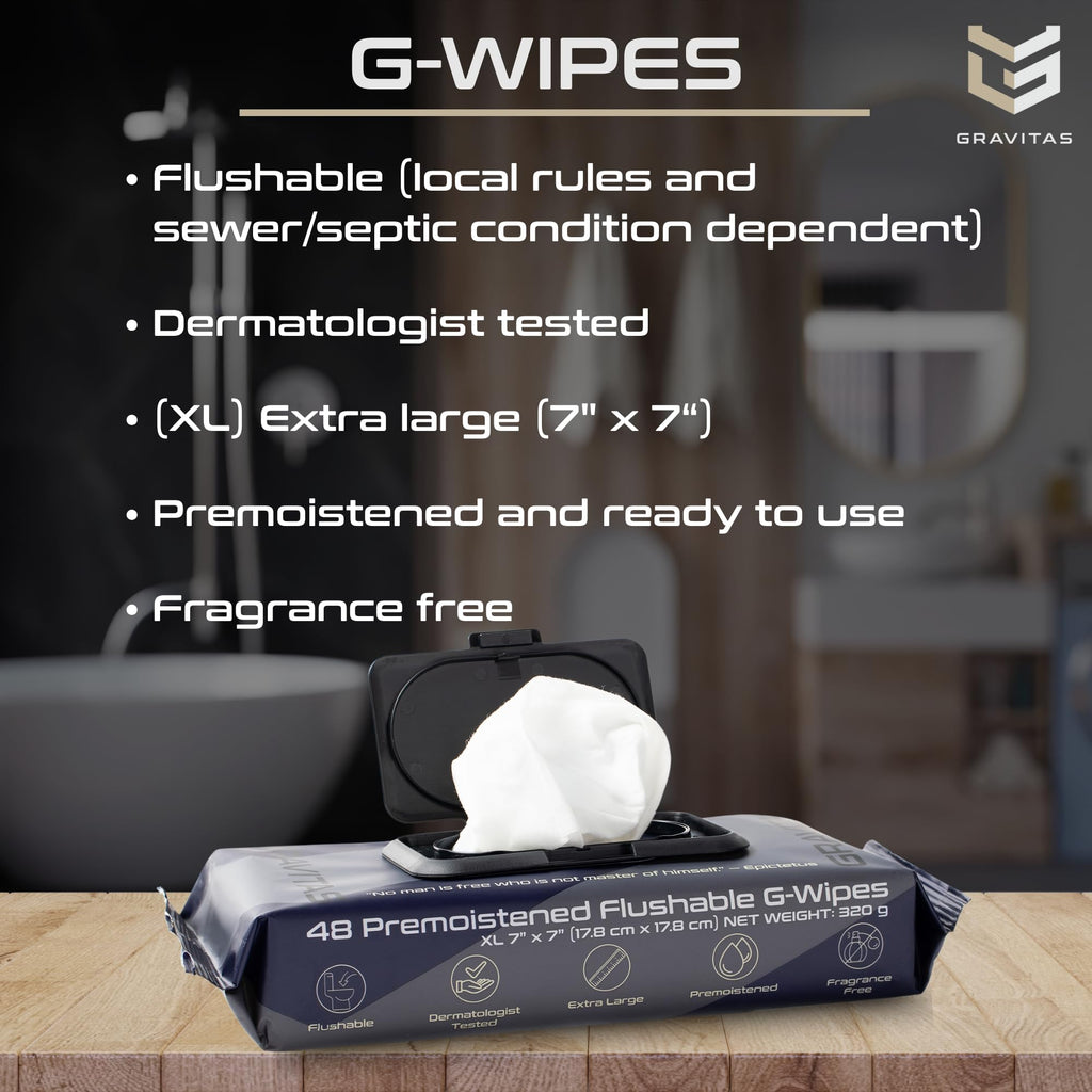 Gravitas G-Wipes: Flushable Wipes for Men - 48 Extra-Large Unscented Wipe, Pre-Moistened, Vitamin E & Aloe Vera, Biodegradable, Body Hygiene, for Daily Use, Resealable Hard Top