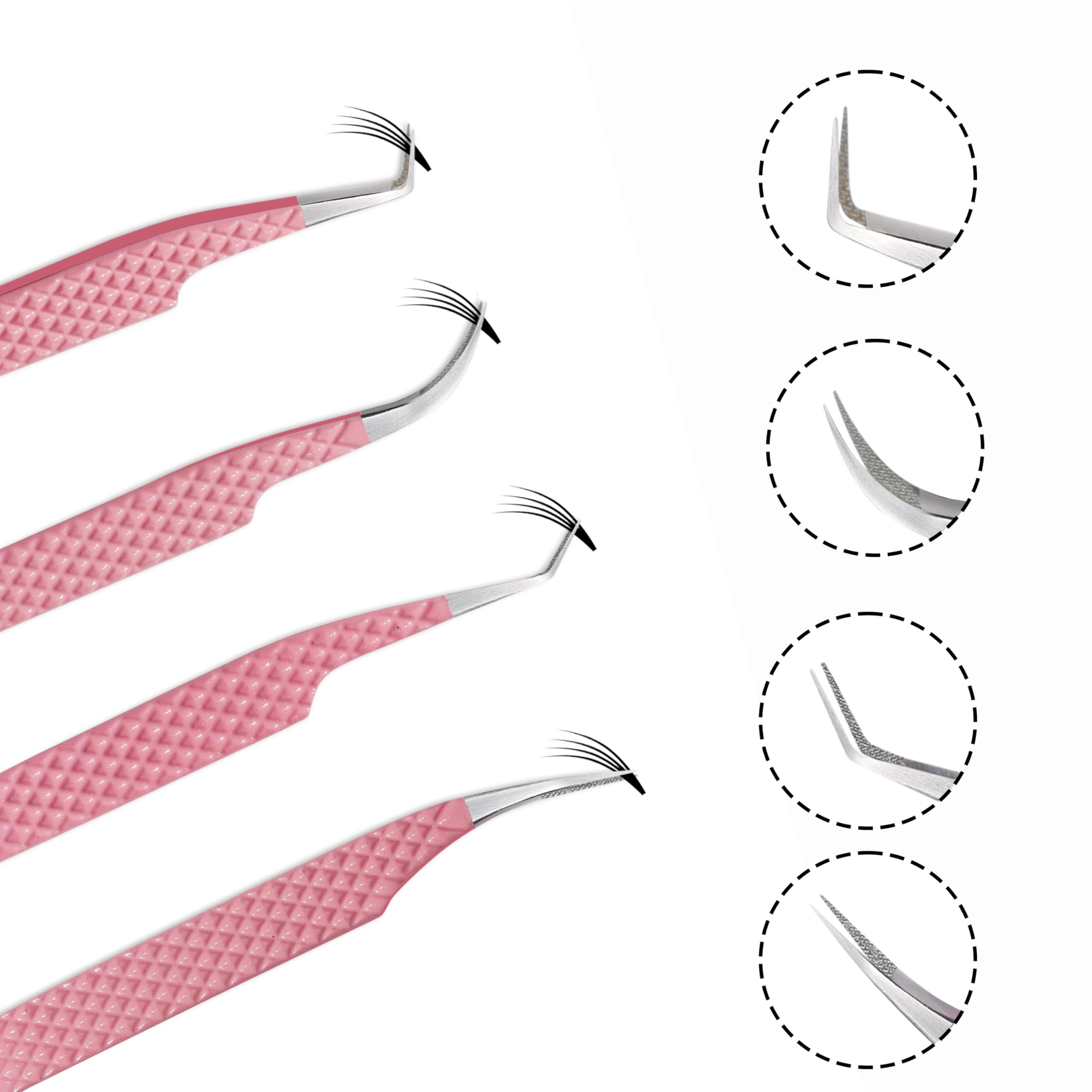 Zahwaj Fiber Tip Lash Tweezers for Eyelash Extensions with Diamond Grip, Set of 4 Precise Tips Japanese Steel for Classic, Volume & Mega Volume Lashes, Ideal for Lash Artists