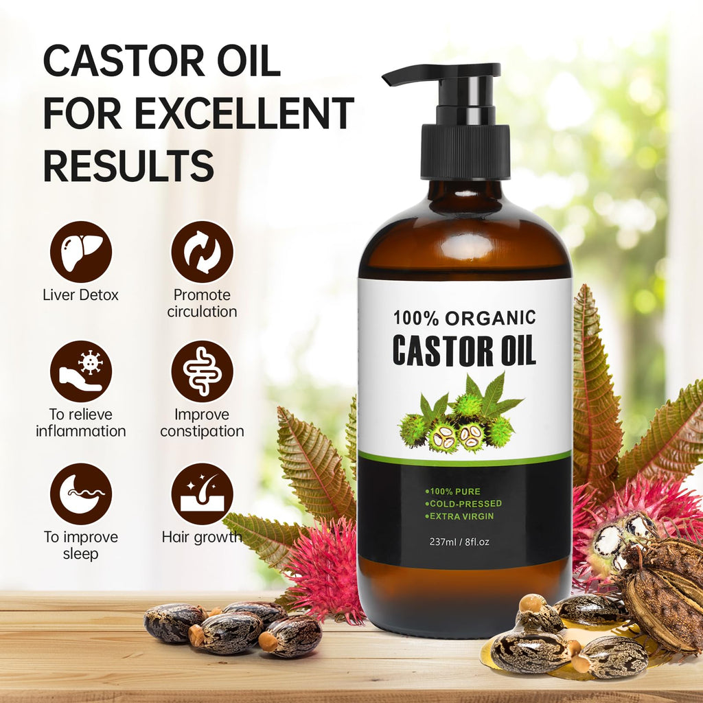 30Pcs Castor Oil Pack Wrap, Organic Cotton Castor Oil Patches and 8oz Organic Castor Oils Glass Bottle for Waist Knees Neck Belly Arms
