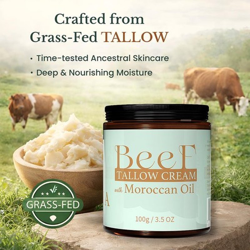 Beef Tallow Cream with Moroccan Oil 100g (3.5 oz) | Whipped Beef Tallow for Skin, Face & Body | Deep Hydration Moisturizer with Shea Butter, Coconut Oil & Beeswax – For Dry, Sensitive & Irritated Skin