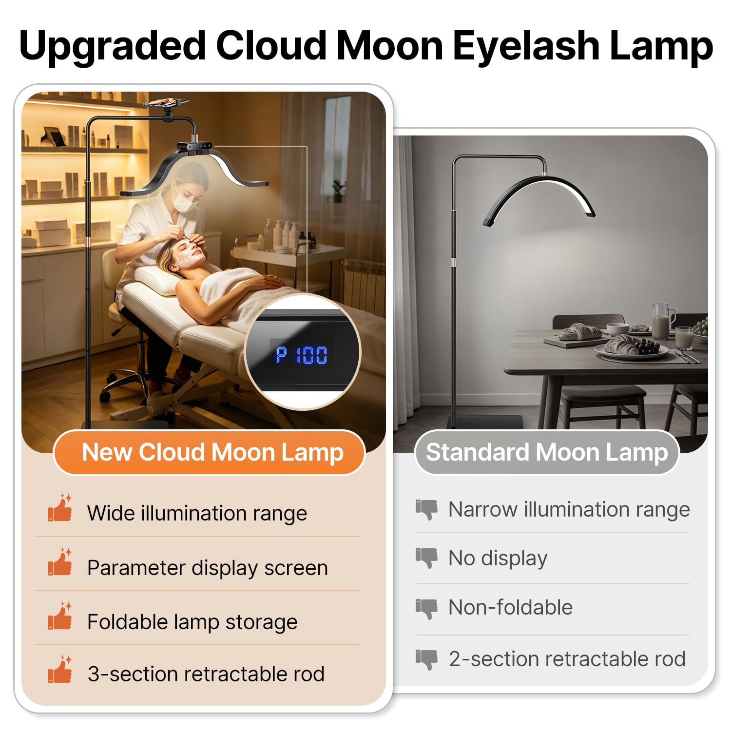 Lash Light for Eyelash Tech-Esthetician Ring Light, Half Moon Light for Led Lash Lamp Extensions, Tattoo Artists, Nail Tech - Cool, Warm Lamp with Adjustable Brightness & Height, Phone Holder (Black)
