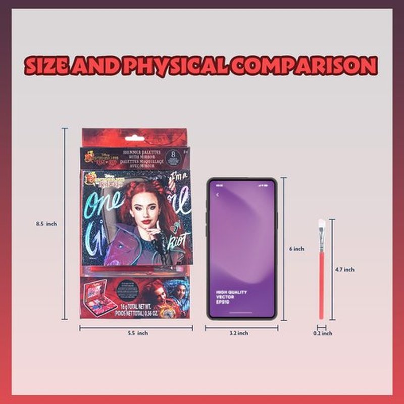 Descendants: The Rise of Red - 8 Well Eyeshadow Shimmer Palette with Mirror and brush, Shimmery and Opaque Colors, Pigmented Blendable for Girls Ages 8+, Perfect for Birthday, Parties by Townley Girl
