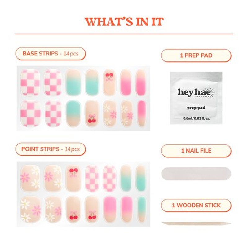 Heyhae Semi Cured Gel Nail Strips | No LED Lamp Needed | Summer, Ombre, Cute | Easy Apply & Remove, Salon Quality | Includes 28 Strips, 1 Prep Pads, Nail File & Wooden Stick - Hey, Sweet Treat