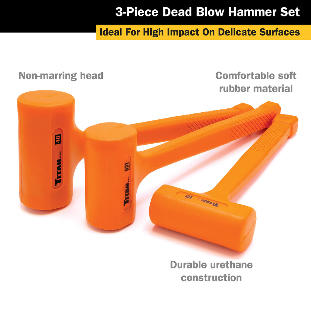 Titan 63143 3-Piece Dead Blow Hammer Set, Includes 1lb, 2lb & 3lb with Non-slip Diamond Textured Handles, Spark & Rebound Resistant