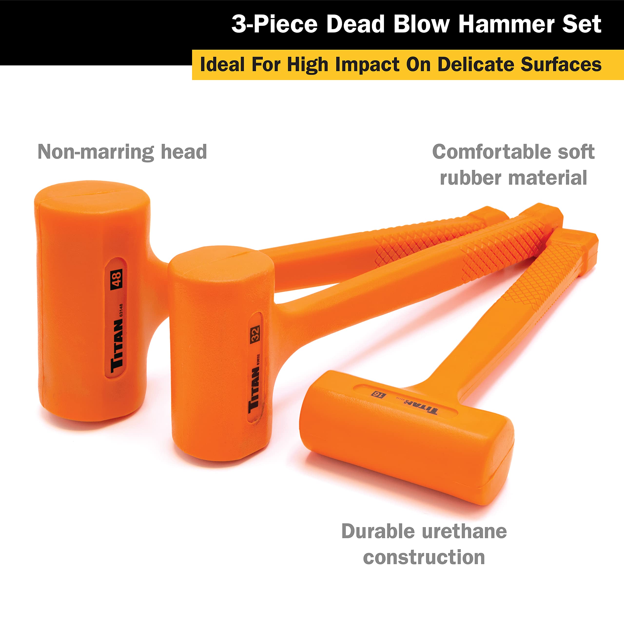Titan 63143 3-Piece Dead Blow Hammer Set, Includes 1lb, 2lb & 3lb with Non-slip Diamond Textured Handles, Spark & Rebound Resistant