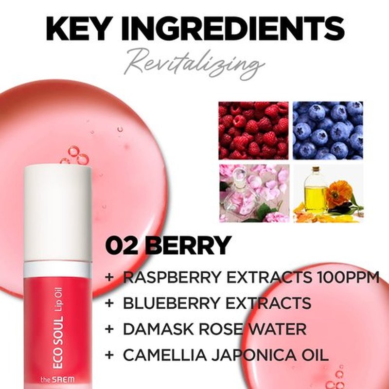 THESAEM Eco Soul Lip Oil 02 Berry - Plumping & Hydrating Lip Oil to Nourish & Moisturize Lips – Berry Extract & Rose Water - Lips Soft & Glossy for Dry Lips, 0.21 fl.oz.