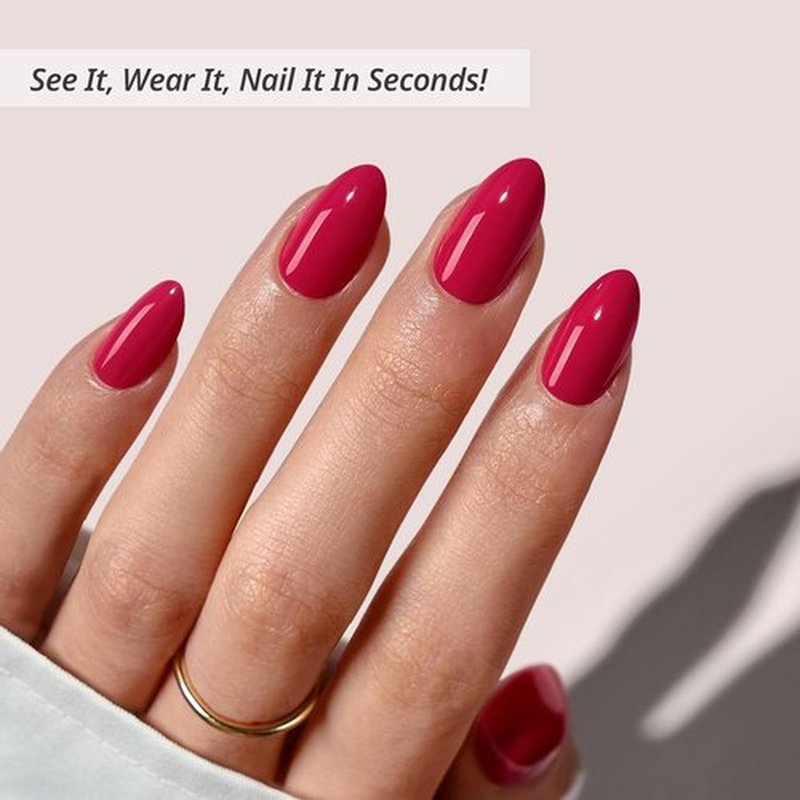 BTArtbox Press On Nails - Raspberry Red Almond Shape | 32 Soft Gel Nails Kit in 16 Sizes