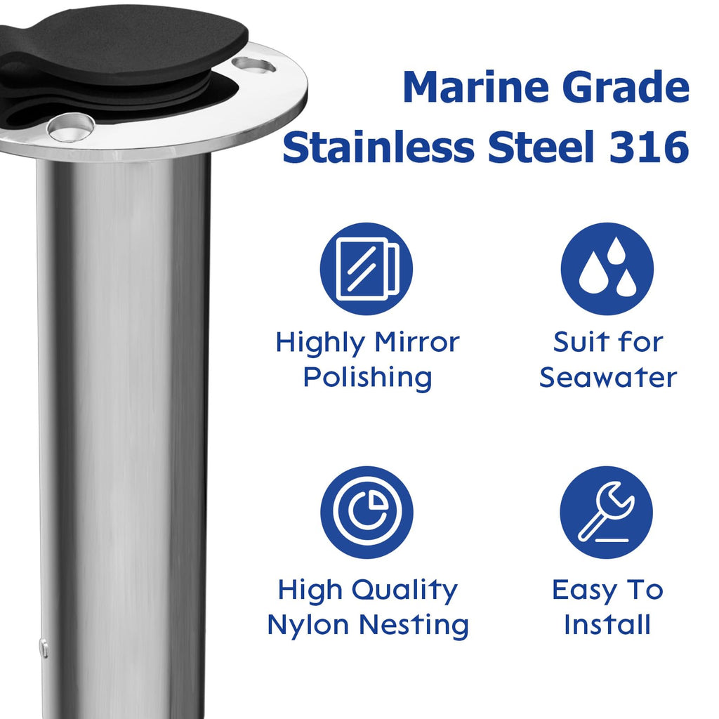 90 Degree Fishing Rod Holder 2 Pack, 316 Stainless Steel Rod Holders for Fishing Boat, Flush Mount with Cap, Heavy Duty