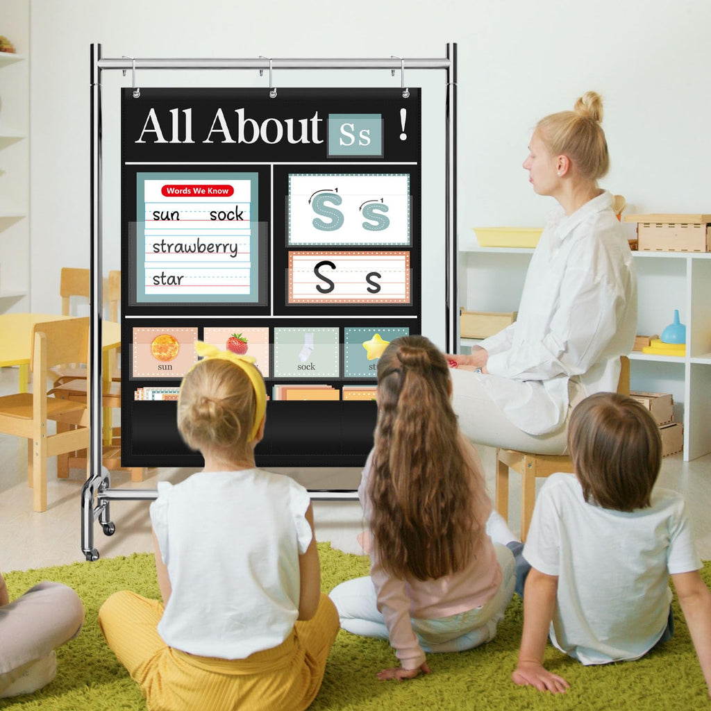 BOHEMIABY All About Letters Pocket Chart with ABC Flash Cards, 34" X 27", Letter of The Day/Week Daypocket Chart, Letter Tracing Learning Educational Wall Chart Preschool Classroom Homes, Black