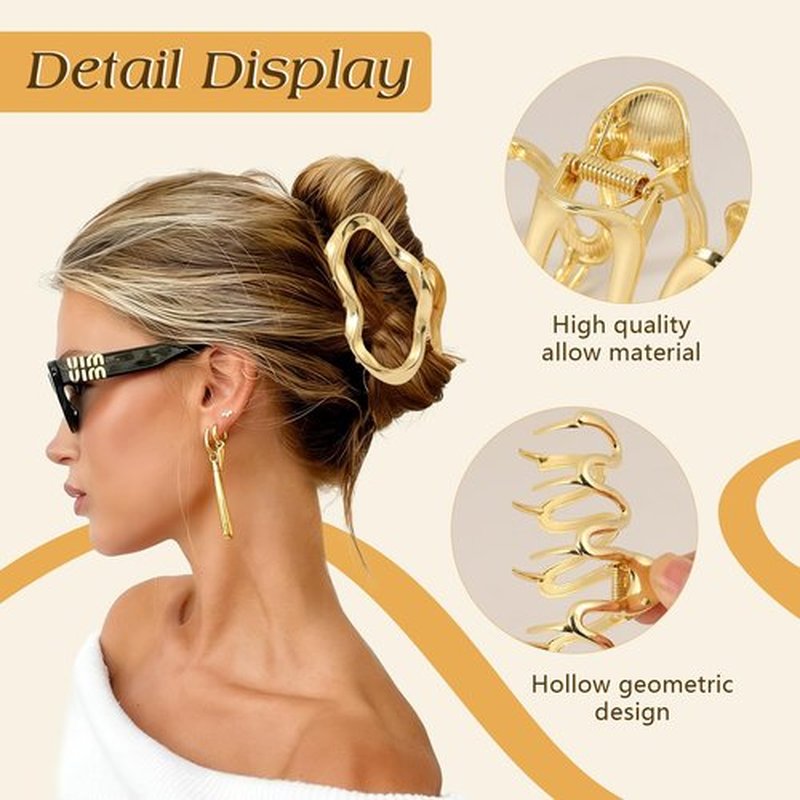 3 PCS Large Gold Metal Hair Claw Clips, Non-Slip Hair Catch Barrette Jaw Clamp Clips for Women Girls, Durable & Elegant French Banana Hair Clips for All Hair Types, Cute Claw Clips