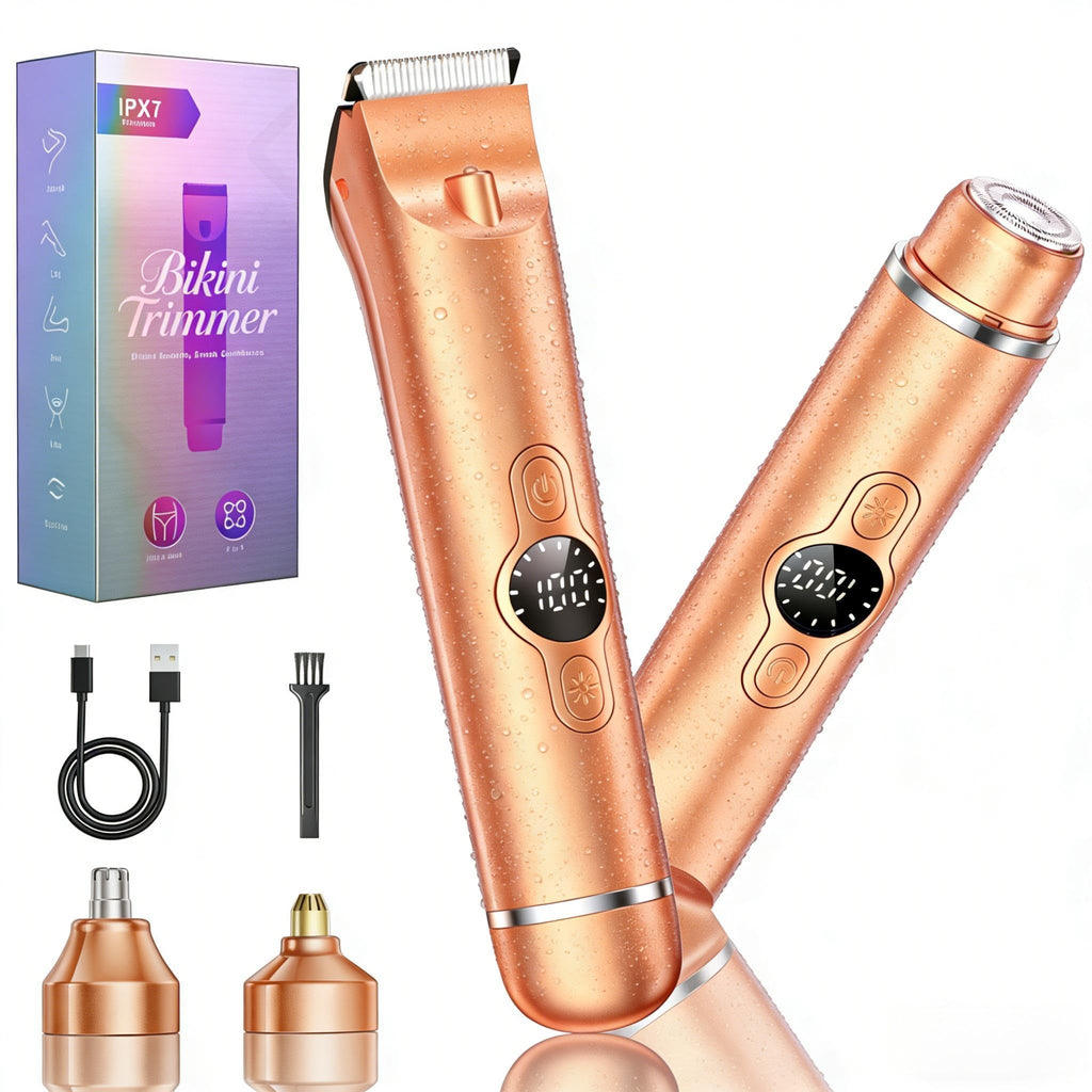Bikini Trimmer for Women, 4 in 1 Electric Razors for Women - Dual Head, Wet & Dry Use Pubic Body Hair Trimmer Electric Shavers, Rechargeable Womens Facial Razors for Legs, Nose, Armpits, Bikini Area