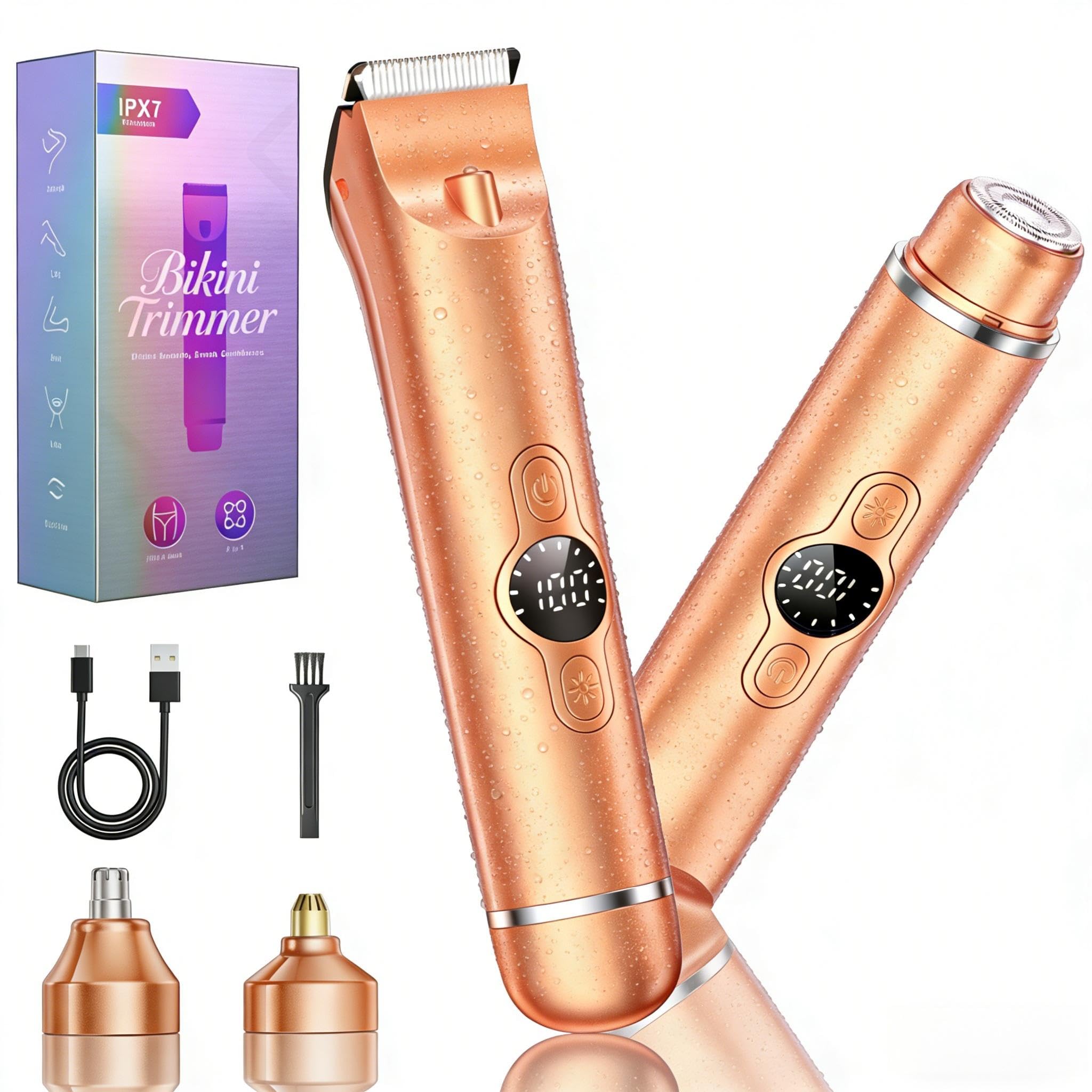 Bikini Trimmer for Women, 4 in 1 Electric Razors for Women - Dual Head, Wet & Dry Use Pubic Body Hair Trimmer Electric Shavers, Rechargeable Womens Facial Razors for Legs, Nose, Armpits, Bikini Area