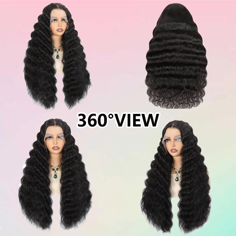 VIPPRETTY 13X6 HD Lace Front Wig,30Inch Glueless Loose Deep Wave Wig Natural Black.Synthetic Lace Front Wigs Pre-Plucked,Vogue Highlight Technology-Premium Fiber &Heat Resistant Human Hair Touch